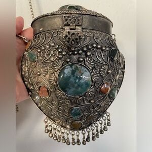 Vintage Sajai Silver Tone Metal Purse With Natural Stones Read Perfect Condition